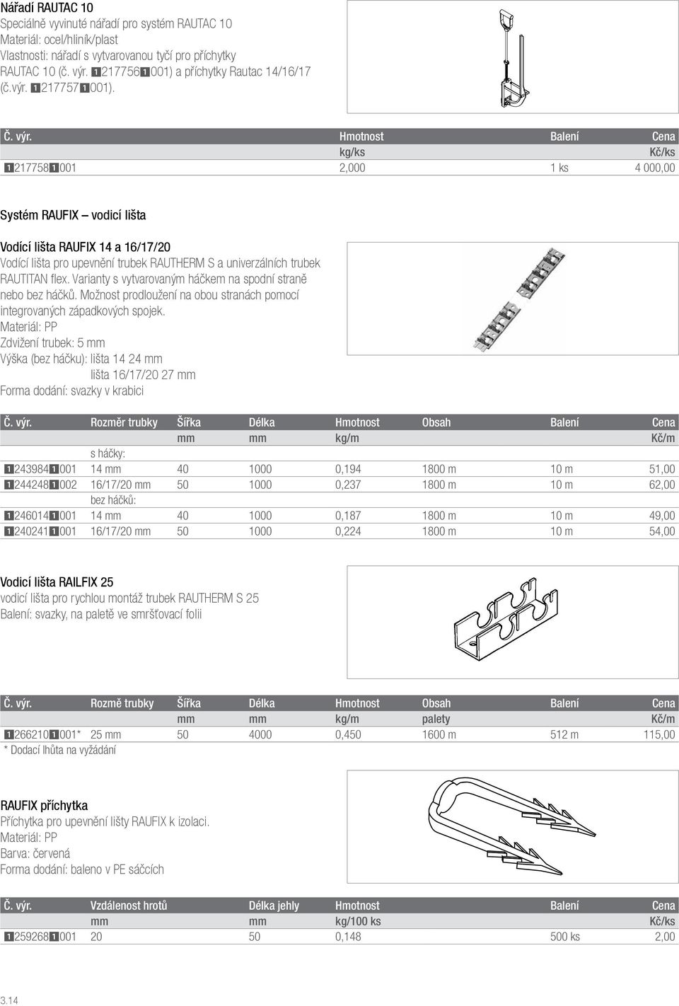 Hmotnost Balení Cena 12177581001 2,000 1 ks 4 000,00 Systém RAUFIX vodicí lišta Vodící lišta RAUFIX 14 a 16/17/20 Vodící lišta pro upevnění trubek RAUTHERM S a univerzálních trubek RAUTITAN flex.