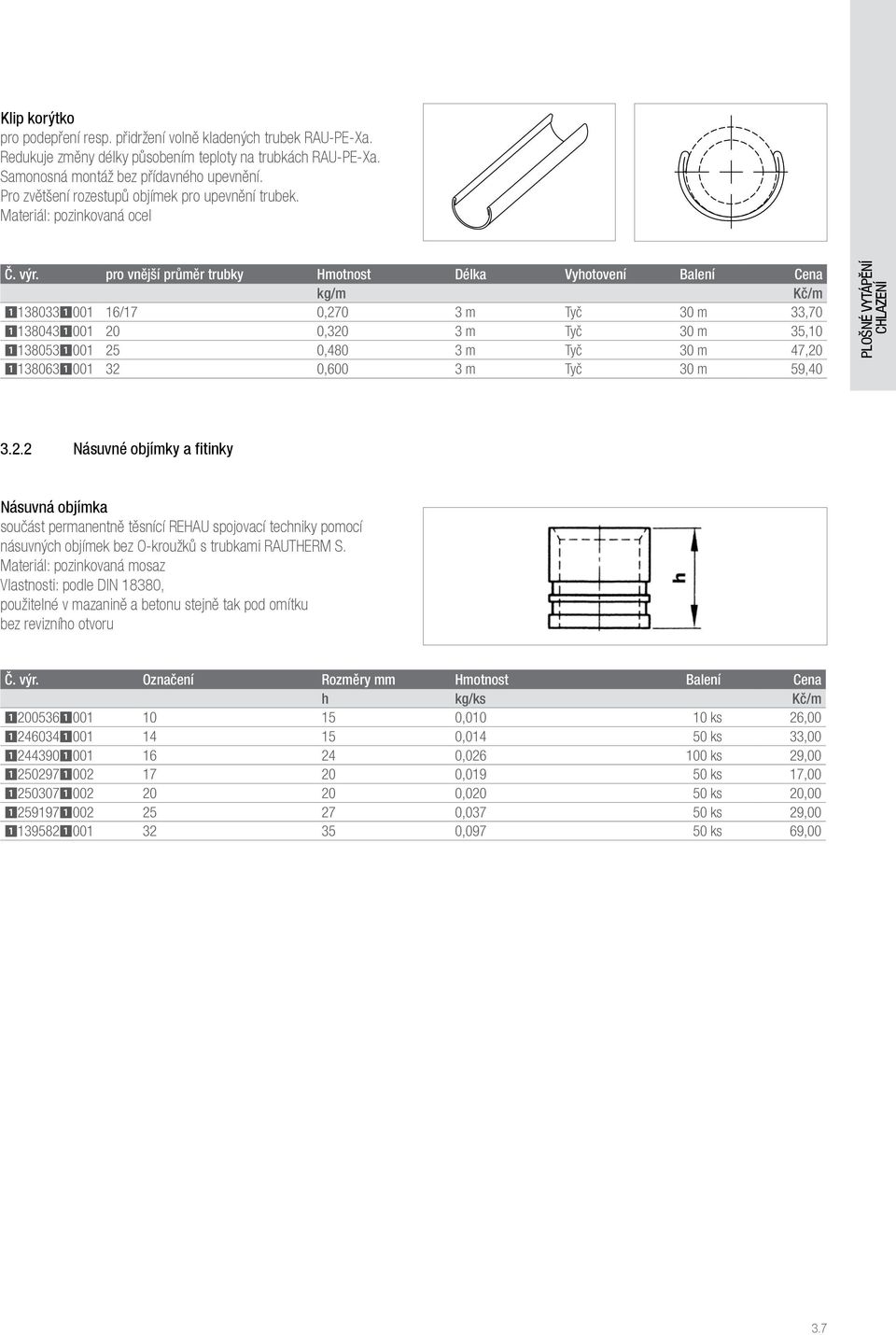 pro vnější průměr trubky Hmotnost Délka Vyhotovení Balení Cena kg/m Kč/m 11380331001 16/17 0,270 3 m Tyč 30 m 33,70 11380431001 20 0,320 3 m Tyč 30 m 35,10 11380531001 25 0,480 3 m Tyč 30 m 47,20