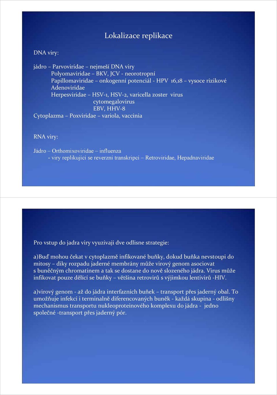 Hepadnaviridae Pro vstup do jadra viry vyuzivaji dve odlisne strategie: a)buď mohou čekat v cytoplazmě infikované buňky, dokud buňka nevstoupi do mitosy diky rozpadu jaderné membrány může virový