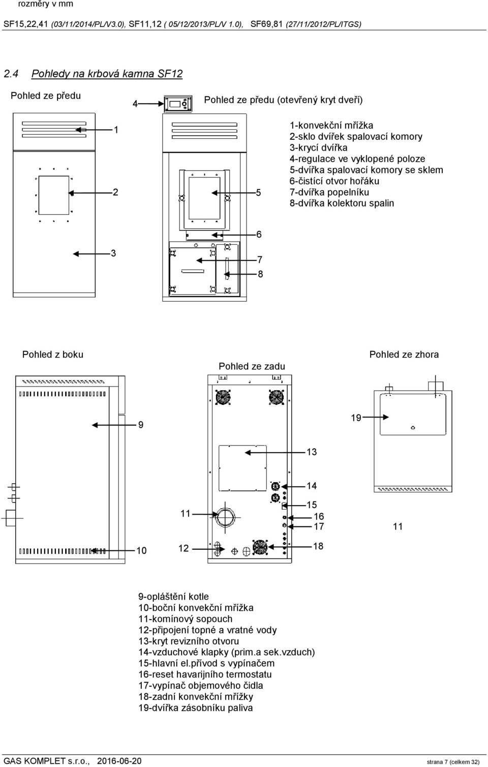 spalovací komory se sklem 6-čistící otvor hořáku 7-dvířka popelníku 8-dvířka kolektoru spalin 3 6 7 8 Pohled z boku Pohled ze zadu Pohled ze zhora 9 19 13 11 14 15 16 17 11 10 12 18 9-opláštění kotle