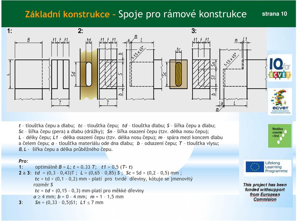 délka nosu čepu); m spára mezi koncem dlabu a čelem čepu; a tloušťka materiálu ode dna dlabu; b odsazení čepu; T tloušťka vlysu; B, L - šířka čepu a délka průběžného čepu.