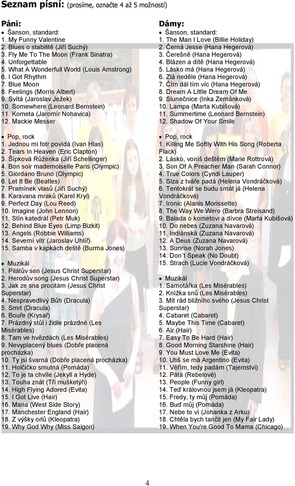 Mackie Messer p, rock 1. Jednou mi fotr povídá (Ivan Hlas) 2. Tears In Heaven (Eric Clapton) 3. Šípková Růženka (Jiří Schellinger) 4. Bon soir mademoiselle Paris (Olympic) 5.