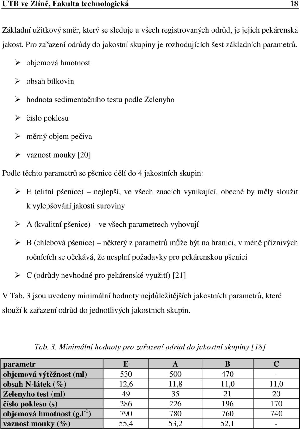 objemová hmotnost obsah bílkovin hodnota sedimentačního testu podle Zelenyho číslo poklesu měrný objem pečiva vaznost mouky [20] Podle těchto parametrů se pšenice dělí do 4 jakostních skupin: E