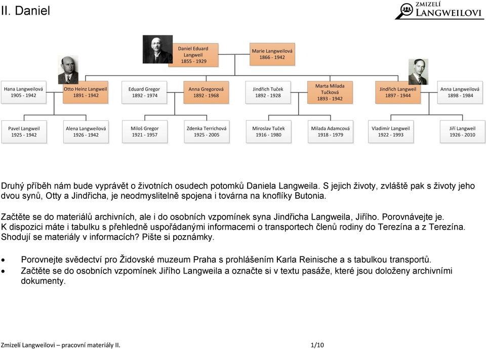 Začtěte se do materiálů archivních, ale i do osobních vzpomínek syna Jindřicha Langweila, Jiřího. Porovnávejte je.