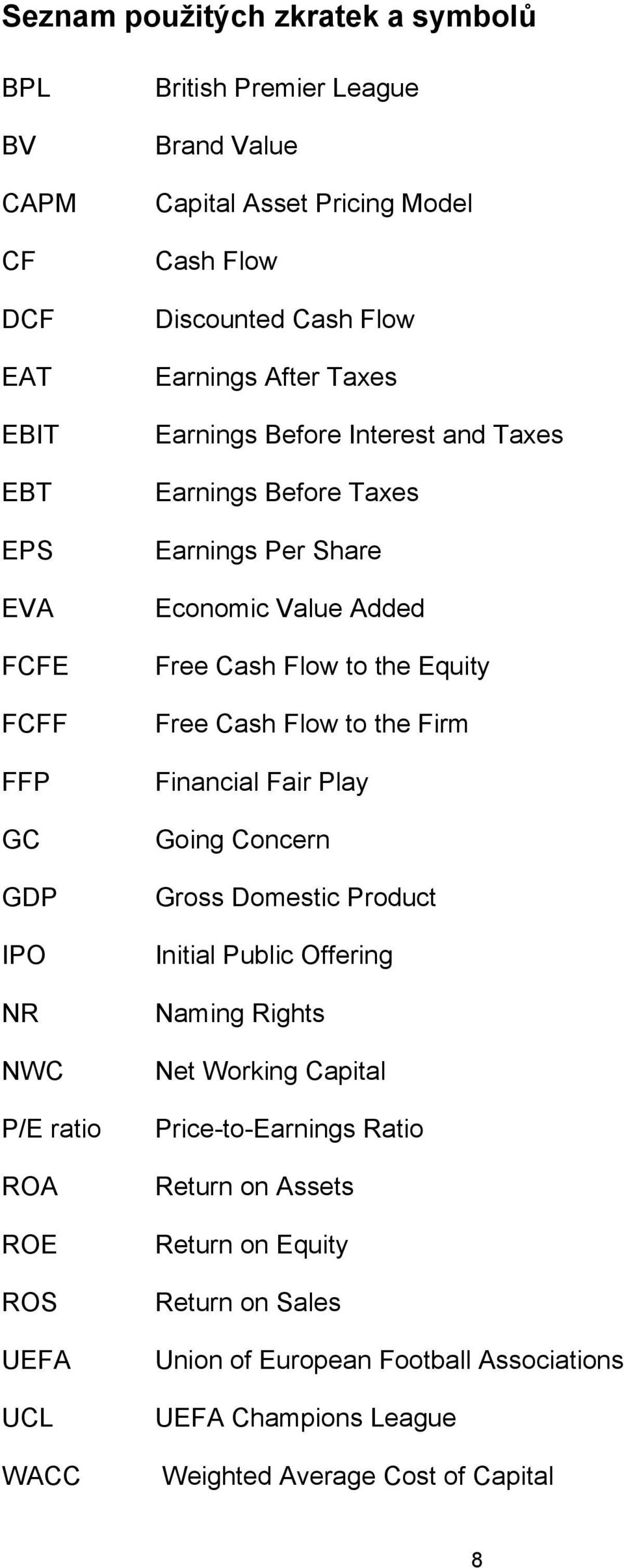 Value Added Free Cash Flow to the Equity Free Cash Flow to the Firm Financial Fair Play Going Concern Gross Domestic Product Initial Public Offering Naming Rights Net