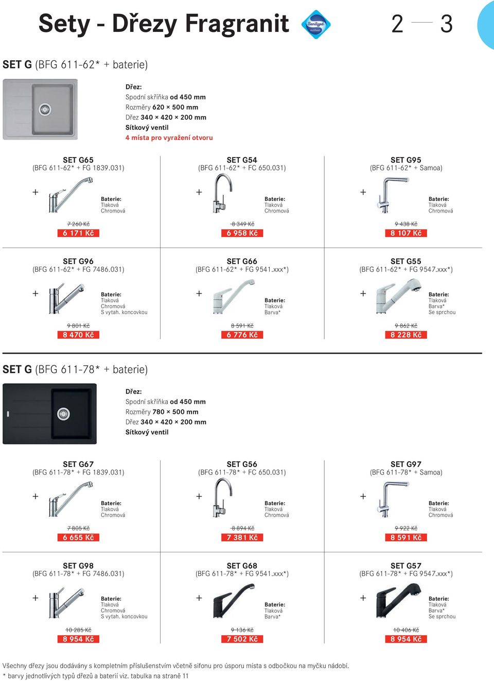 xxx*) 9 801 Kč 8 470 Kč 8 591 Kč 6 776 Kč 9 862 Kč 8 228 Kč SET G (BFG 611-78* baterie) Dřez 340 420 200 mm SET G67 (BFG 611-78* FG 1839.031) SET G56 (BFG 611-78* FC 650.