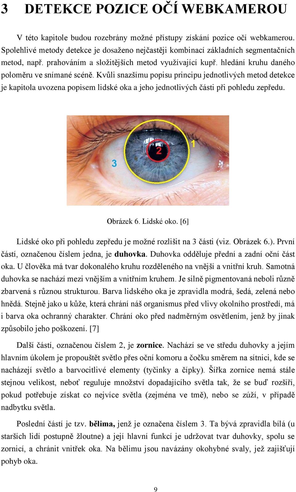 Kvůli snazšímu popisu principu jednotlivých metod detekce je kapitola uvozena popisem lidské oka a jeho jednotlivých části při pohledu zepředu. Obrázek 6. Lidské oko.