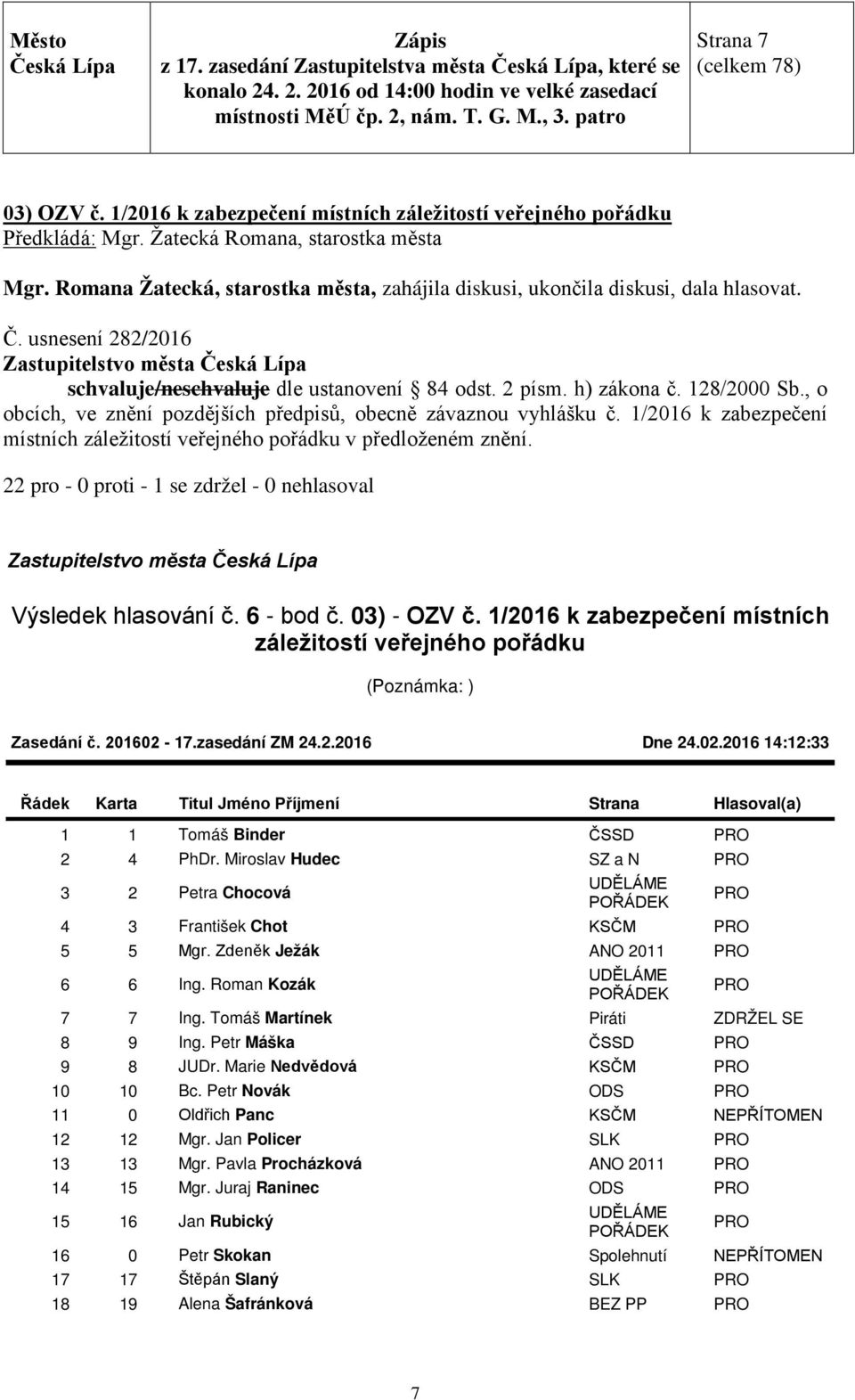 128/2000 Sb., o obcích, ve znění pozdějších předpisů, obecně závaznou vyhlášku č. 1/2016 k zabezpečení místních záležitostí veřejného pořádku v předloženém znění.