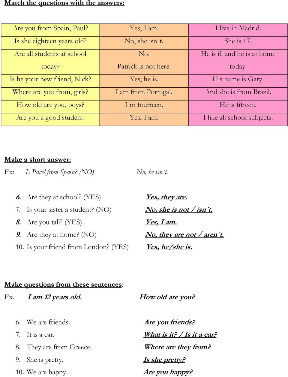 I m fourteen. He is fifteen. Are you a good student. Yes, I am. I like all school subjects. Make a short answer: Ex: Is Pavel from Spain? (NO) No, he isn t. 6. Are they at school? (YES) Yes, they are.