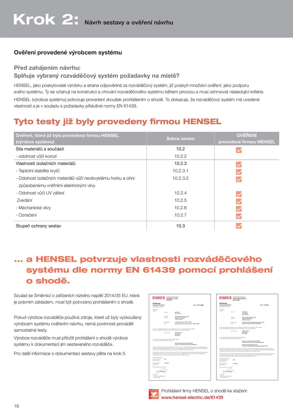 Ty se vztahují na konstrukci a chování rozváděčového systému během provozu a musí zahrnovat následující kritéria. HESEL (výrobce systému) potvrzuje provedení zkoušek prohlášením o shodě.