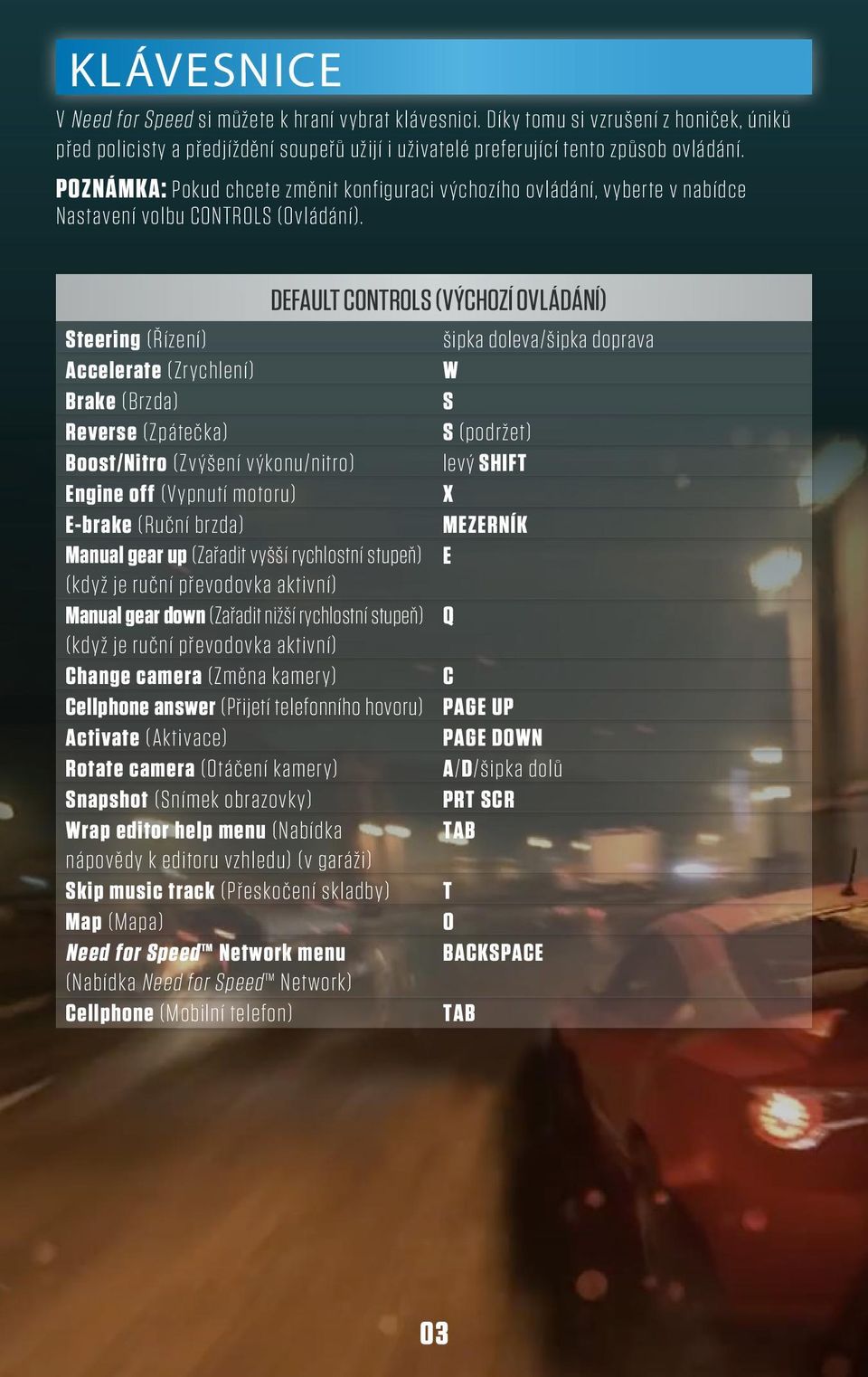 DEFAULT CONTROLS (VÝCHOZÍ OVLÁDÁNÍ) Steering (Řízení) šipka doleva/šipka doprava Accelerate (Zrychlení) W Brake (Brzda) S Reverse (Zpátečka) S (podržet) Boost/Nitro (Zvýšení výkonu/nitro) levý SHIFT