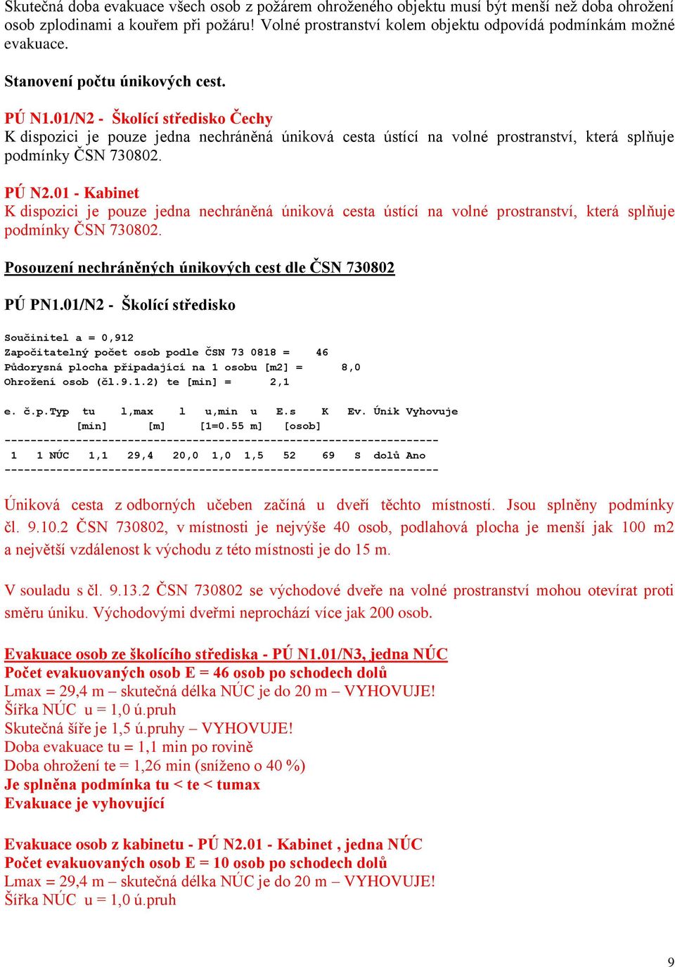 01 - Kabinet K dispozici je pouze jedna nechráněná úniková cesta ústící na volné prostranství, která splňuje podmínky ČSN 730802. Posouzení nechráněných únikových cest dle ČSN 730802 PÚ PN1.