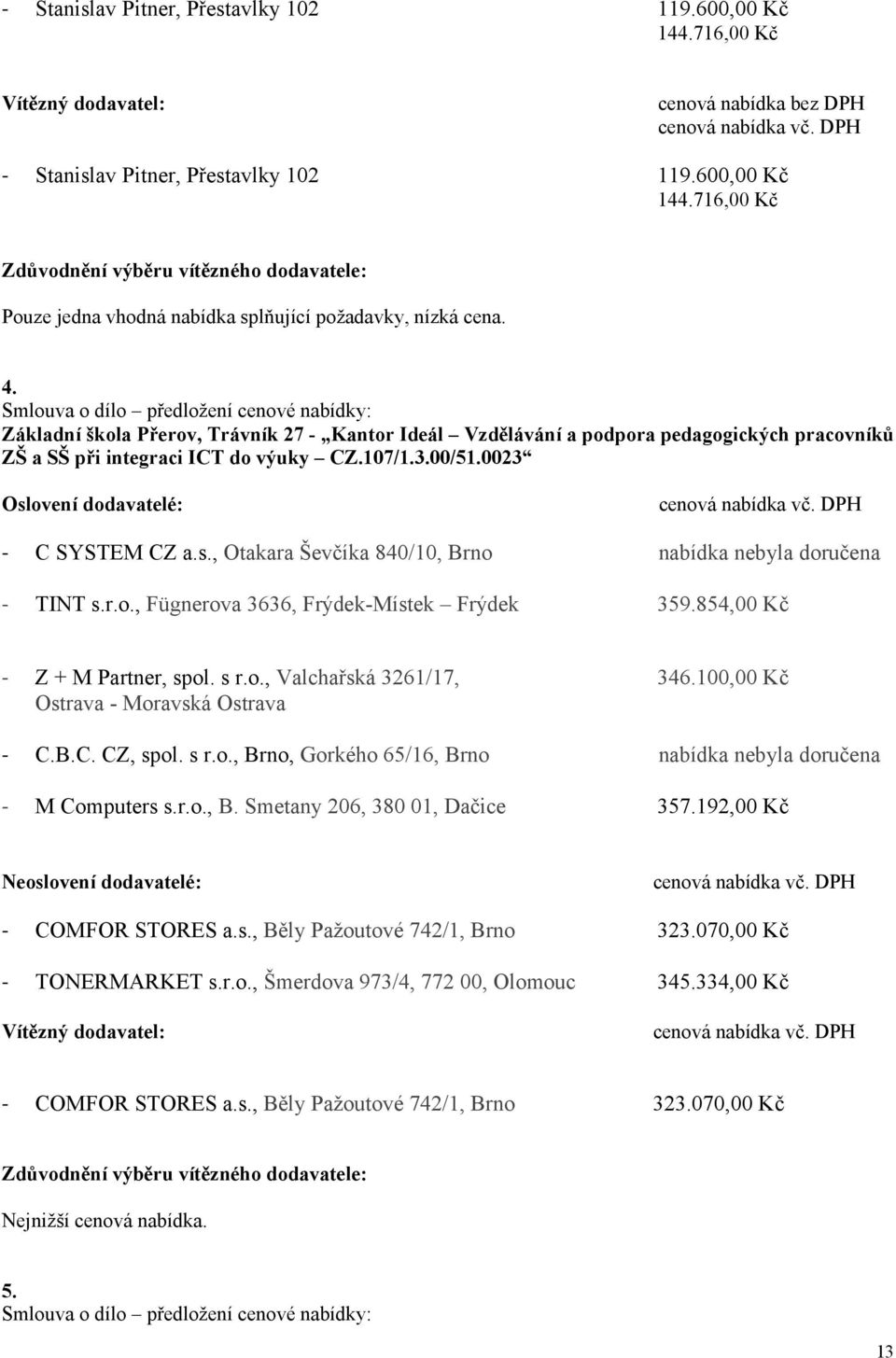 , Otakara Ševčíka 840/10, Brno nabídka nebyla doručena TINT s.r.o., Fügnerova 3636, FrýdekMístek Frýdek 359.854,00 Kč Z + M Partner, spol. s r.o., Valchařská 3261/17, Ostrava Moravská Ostrava 346.