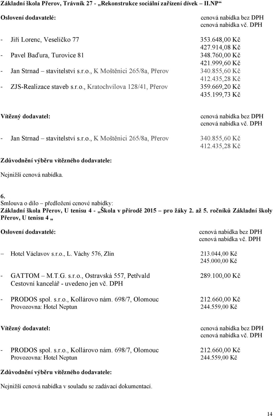 r.o., K Moštěnici 265/8a, Přerov Nejnižší cenová nabídka. 6. Základní škola Přerov, U tenisu 4 Škola v přírodě 2015 pro žáky 2. až 5. ročníků Základní školy Přerov, U tenisu 4 Hotel Václavov s.r.o., L.