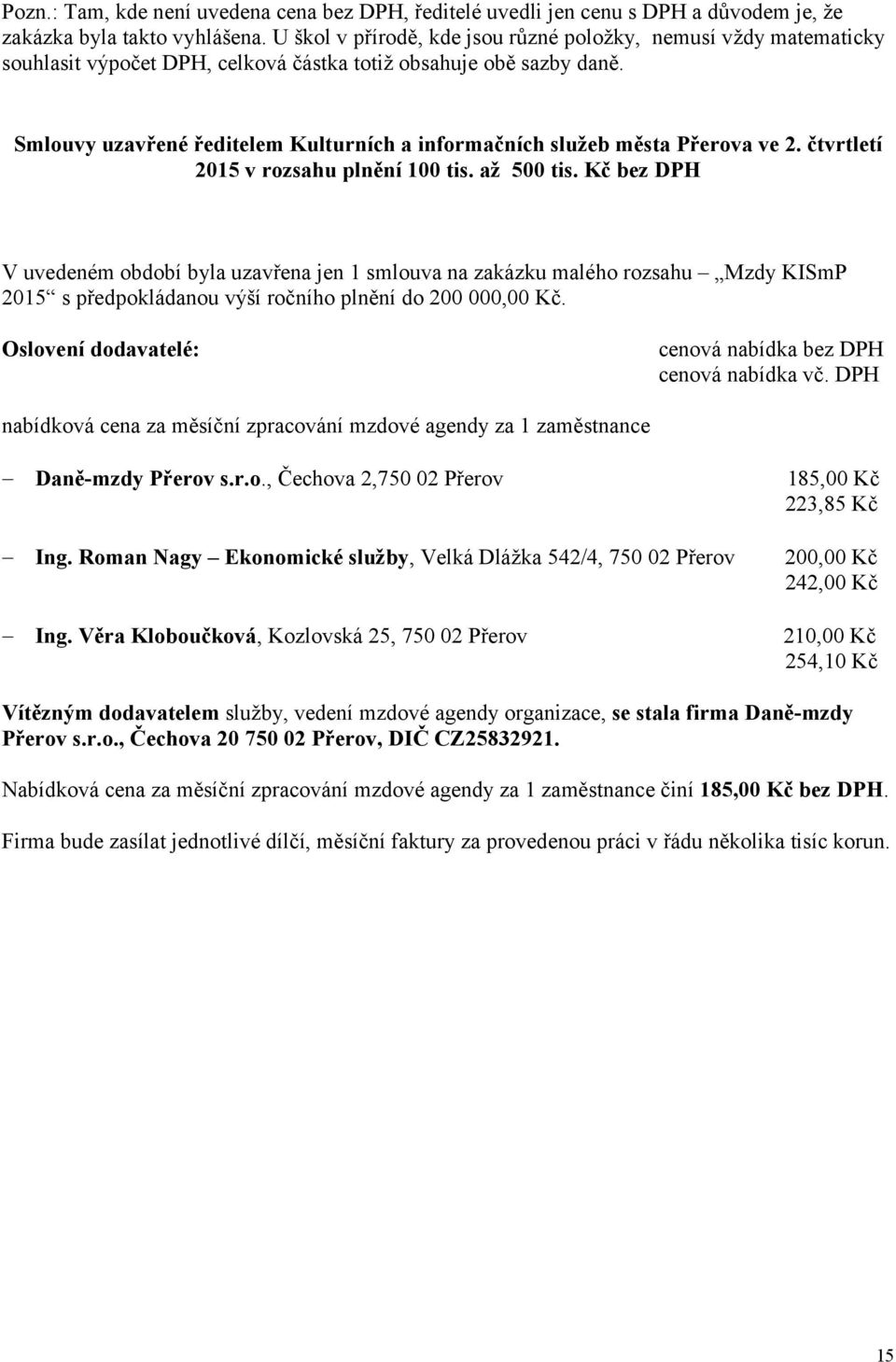 Smlouvy uzavřené ředitelem Kulturních a informačních služeb města Přerova ve 2. čtvrtletí 2015 v rozsahu plnění 100 tis. až 500 tis.