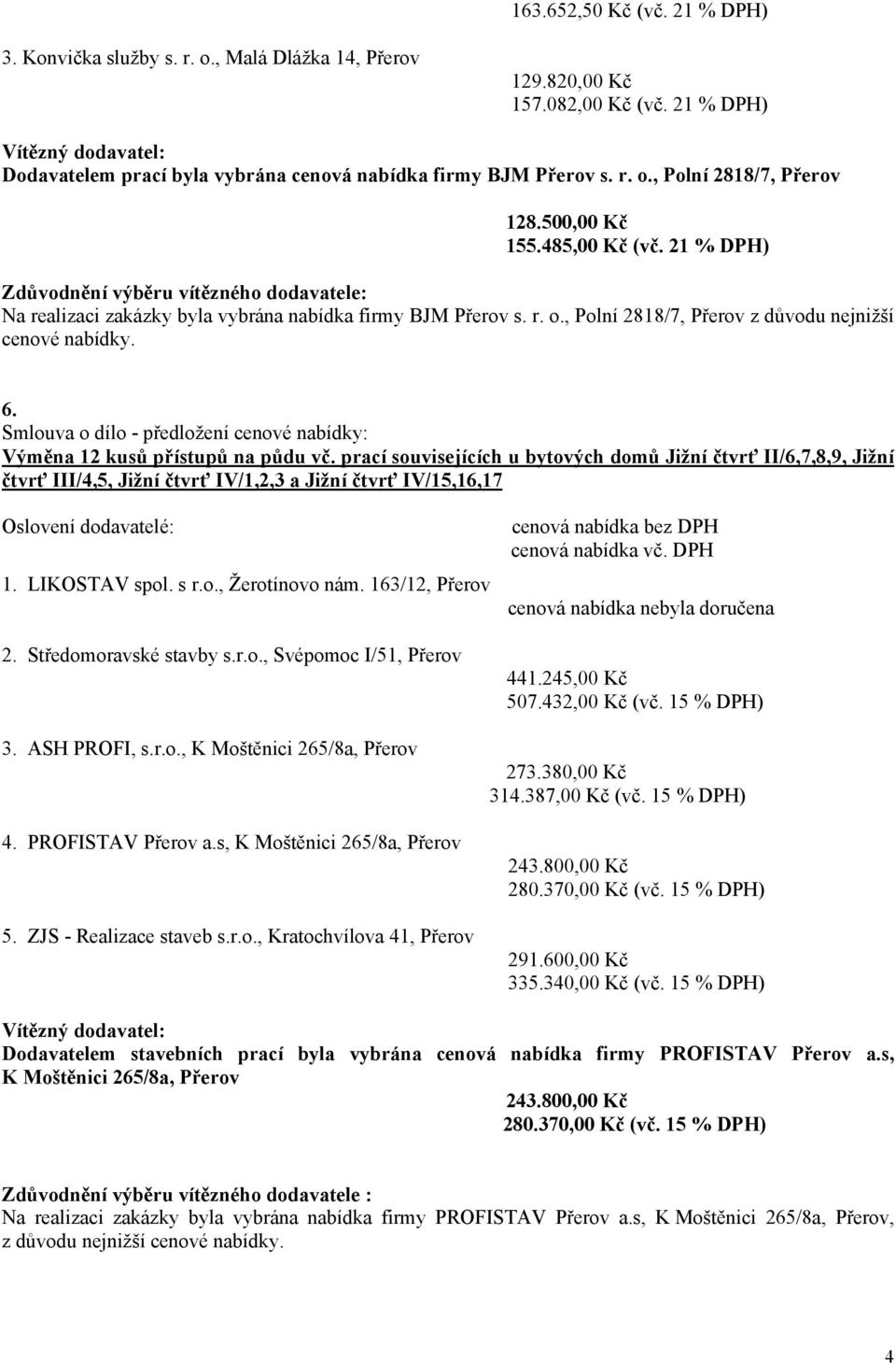 Smlouva o dílo předložení cenové nabídky: Výměna 12 kusů přístupů na půdu vč.