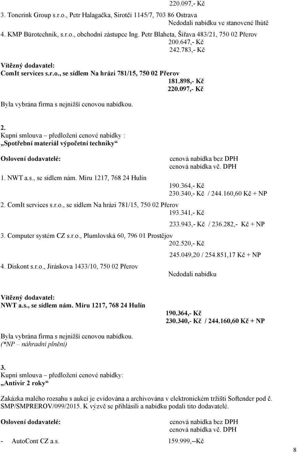 097, Kč Byla vybrána firma s nejnižší cenovou nabídkou. 2. Kupní smlouva předložení cenové nabídky : Spotřební materiál výpočetní techniky 1. NWT a.s., se sídlem nám. Míru 1217, 768 24 Hulín 190.
