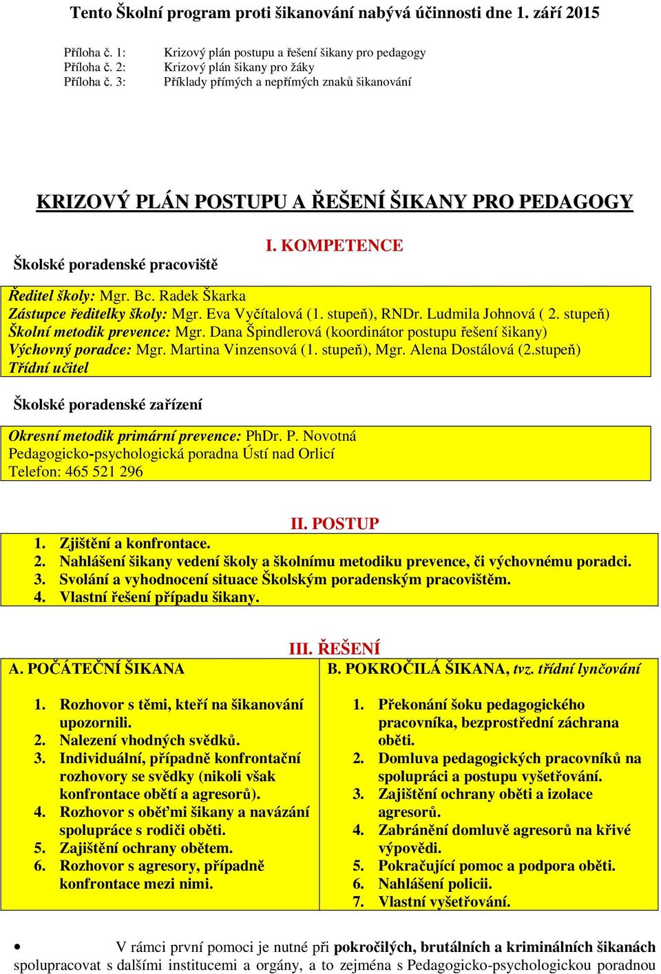 pracoviště I. KOMPETENCE Ředitel školy: Mgr. Bc. Radek Škarka Zástupce ředitelky školy: Mgr. Eva Vyčítalová (1. stupeň), RNDr. Ludmila Johnová ( 2. stupeň) Školní metodik prevence: Mgr.