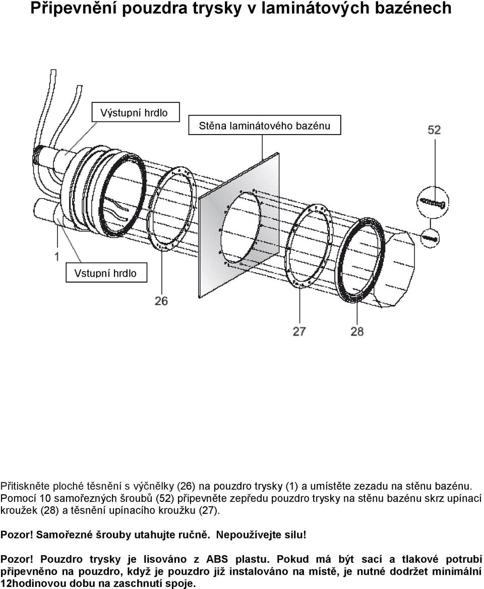 Pomocí 10 samořezných šroubů (52) připevněte zepředu pouzdro trysky na stěnu bazénu skrz upínací kroužek (28) a těsnění upínacího kroužku (27). Pozor!