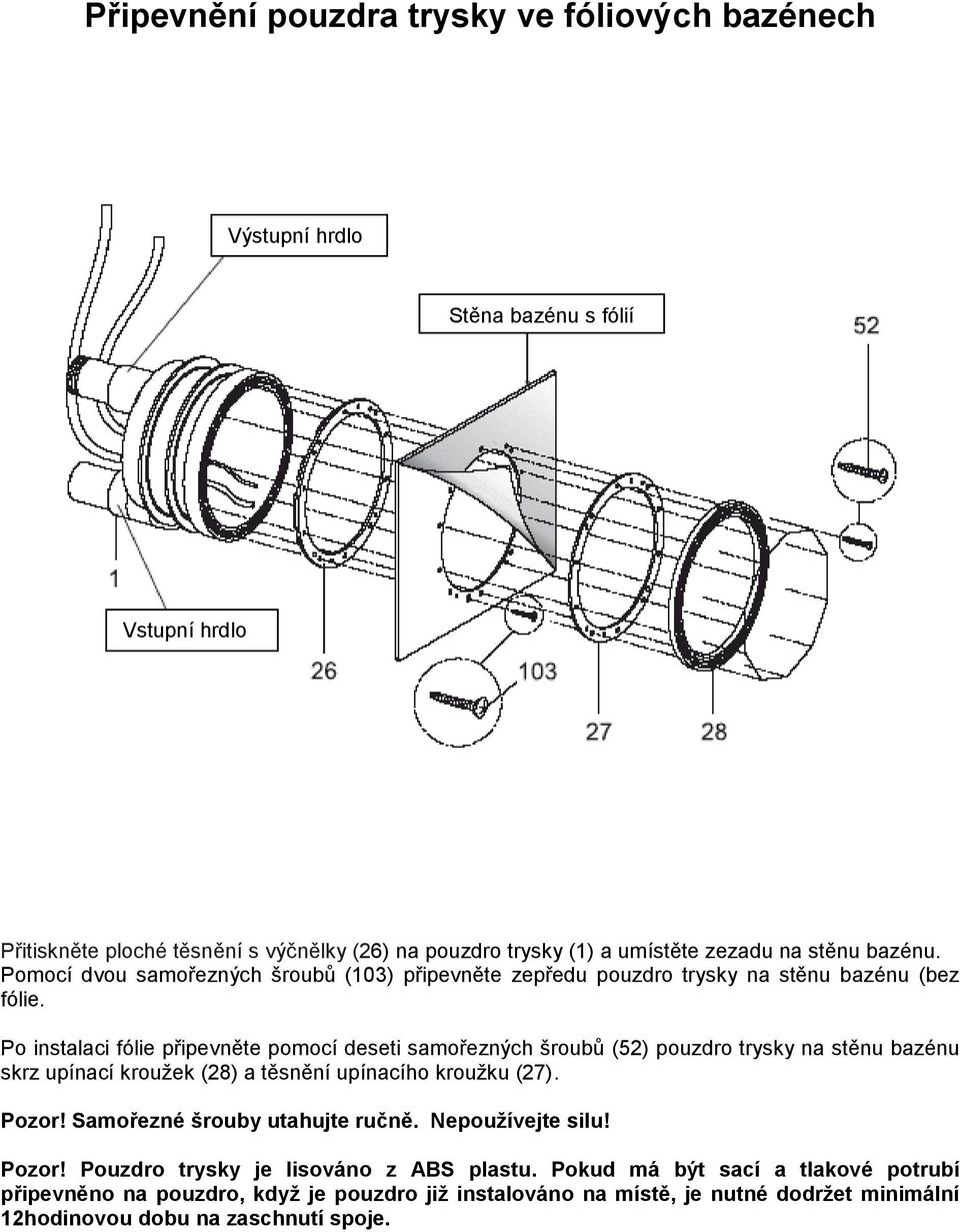 Po instalaci fólie připevněte pomocí deseti samořezných šroubů (52) pouzdro trysky na stěnu bazénu skrz upínací kroužek (28) a těsnění upínacího kroužku (27). Pozor!