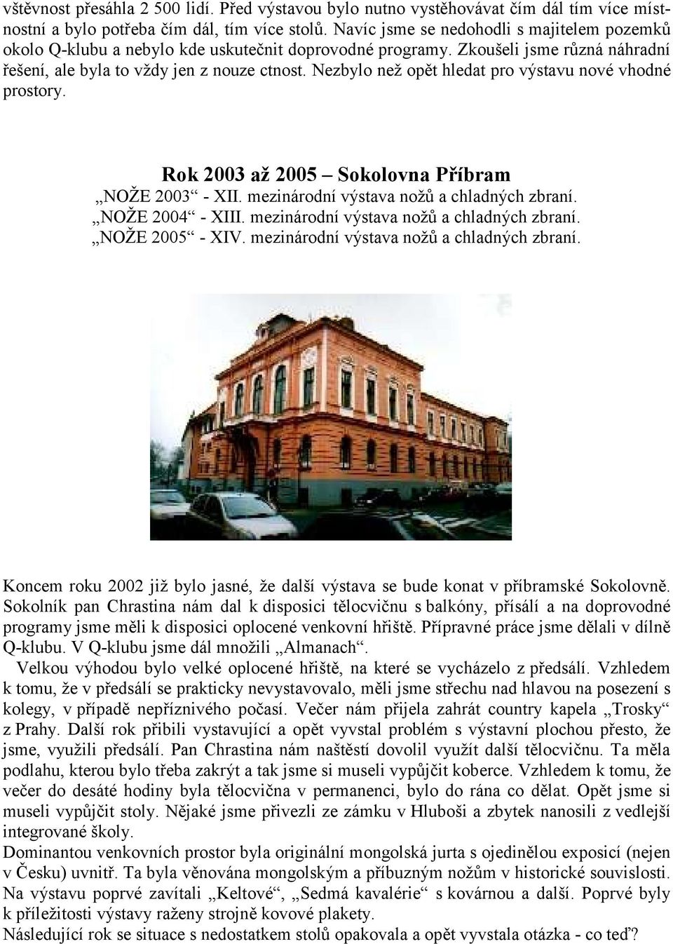 Nezbylo neţ opět hledat pro výstavu nové vhodné prostory. Rok 2003 až 2005 Sokolovna Příbram NOŢE 2003 - XII. mezinárodní výstava noţů a chladných zbraní. NOŢE 2004 - XIII.