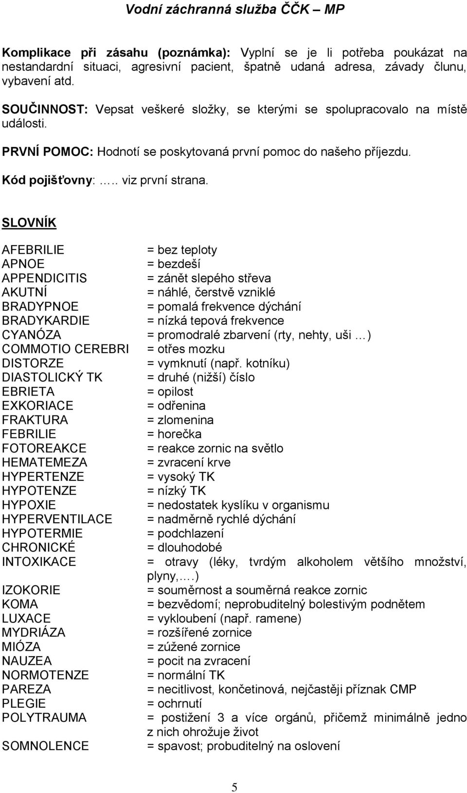 SLOVNÍK AFEBRILIE APNOE APPENDICITIS AKUTNÍ BRADYPNOE BRADYKARDIE CYANÓZA COMMOTIO CEREBRI DISTORZE DIASTOLICKÝ TK EBRIETA EXKORIACE FRAKTURA FEBRILIE FOTOREAKCE HEMATEMEZA HYPERTENZE HYPOTENZE