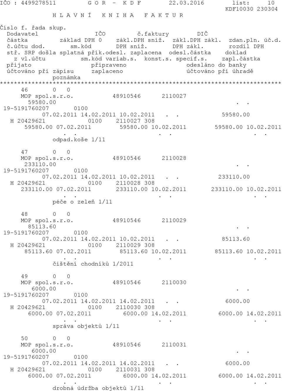 00 10.02.2011 233110.00 10.02.2011 péče o zeleň 1/11 48 0 0 MOP spol.s.r.o. 48910546 2110029 85113.60.. 07.02.2011 14.02.2011 10.02.2011.. 85113.60 H 20429621 0100 2110029 308 85113.60 07.02.2011 85113.