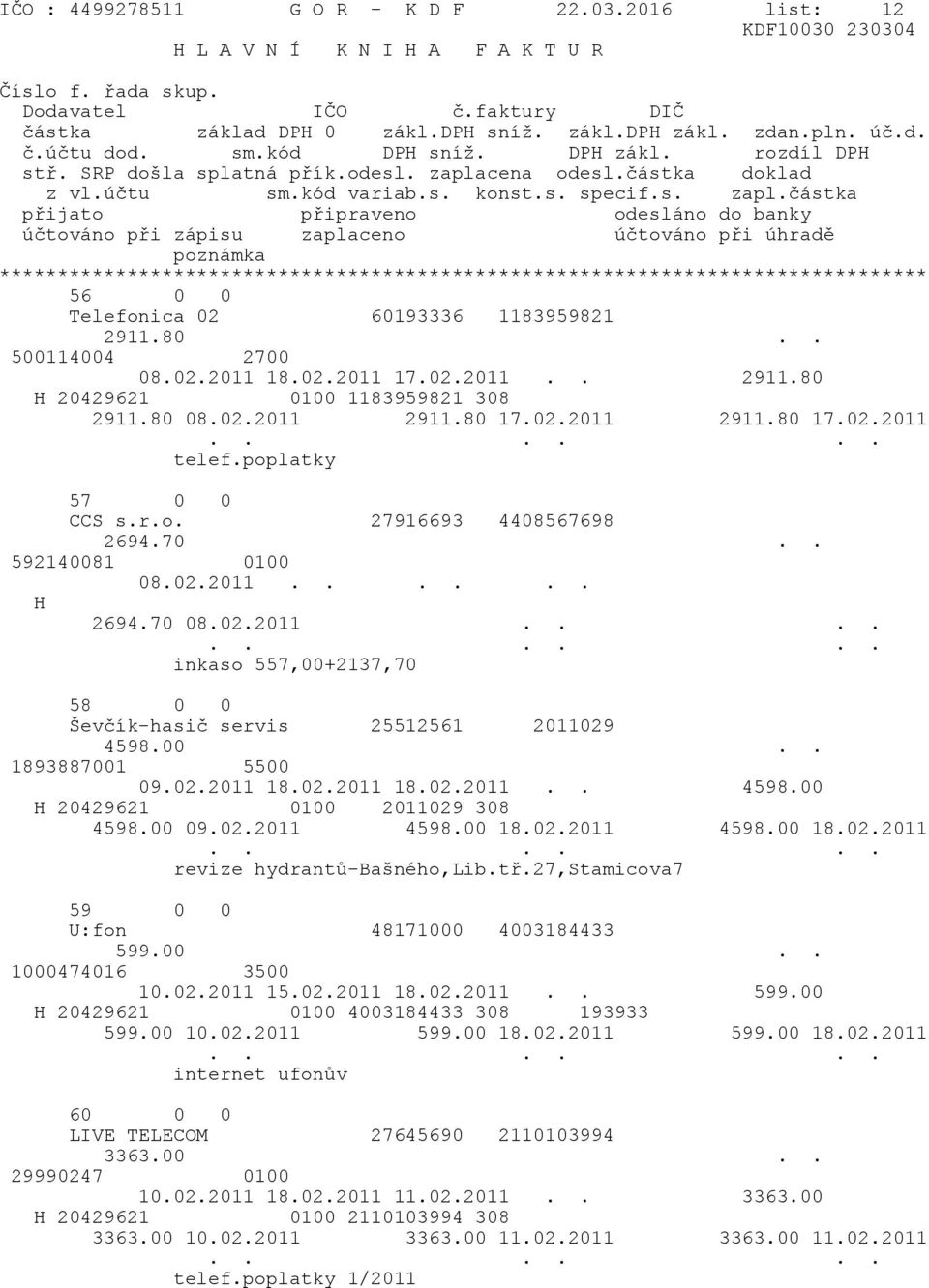 00.. 1893887001 5500 09.02.2011 18.02.2011 18.02.2011.. 4598.00 H 20429621 0100 2011029 308 4598.00 09.02.2011 4598.00 18.02.2011 4598.00 18.02.2011 revize hydrantů-bašného,lib.tř.