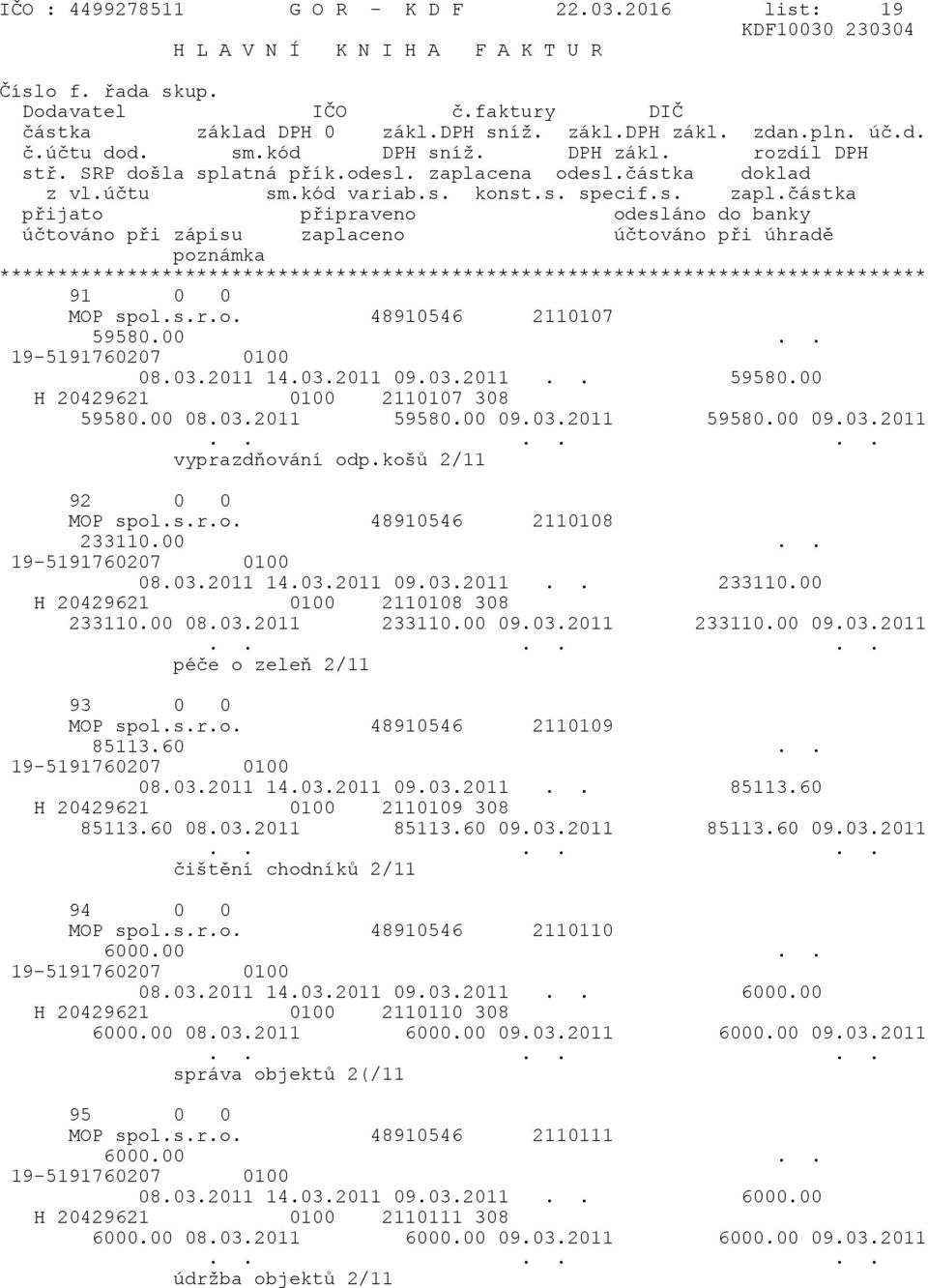 03.2011 233110.00 09.03.2011 233110.00 09.03.2011 péče o zeleň 2/11 93 0 0 MOP spol.s.r.o. 48910546 2110109 85113.60.. 08.03.2011 14.03.2011 09.03.2011.. 85113.60 H 20429621 0100 2110109 308 85113.