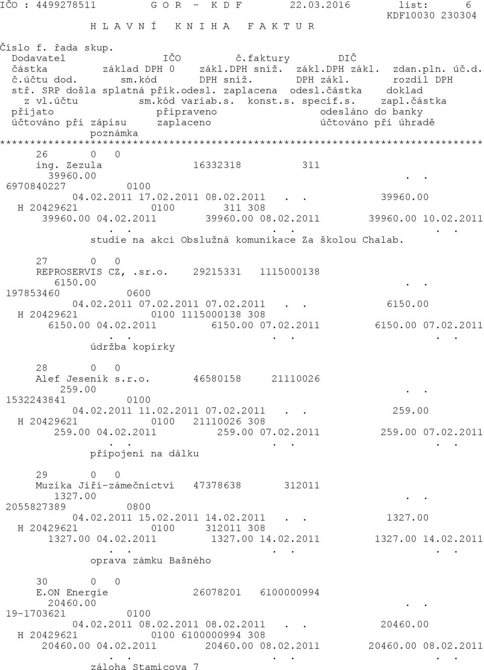 00 04.02.2011 6150.00 07.02.2011 6150.00 07.02.2011 údržba kopírky 28 0 0 Alef Jeseník s.r.o. 46580158 21110026 259.00.. 1532243841 0100 04.02.2011 11.02.2011 07.02.2011.. 259.00 H 20429621 0100 21110026 308 259.