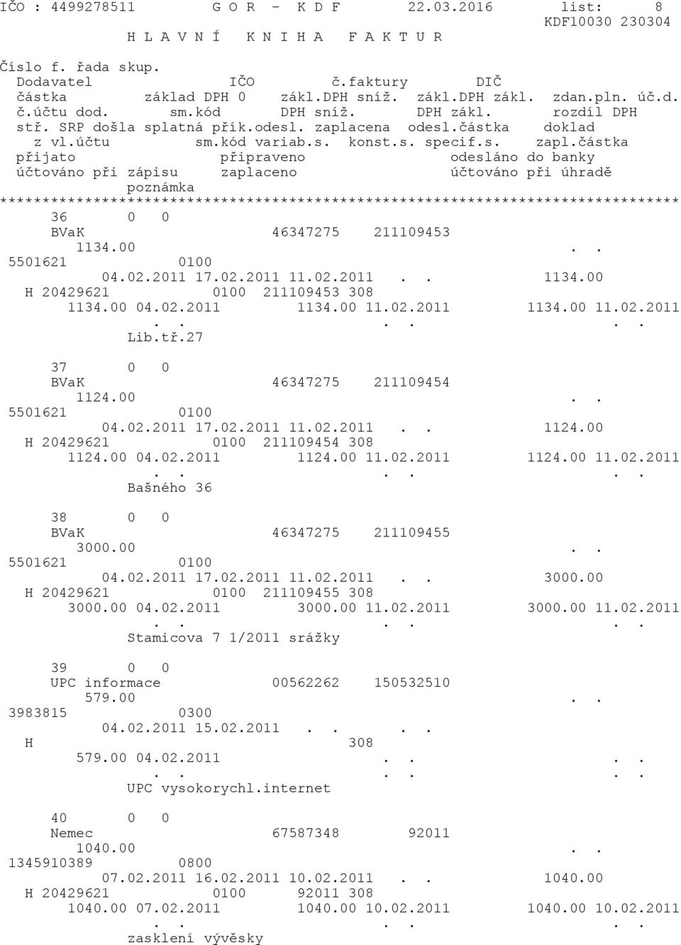 00.. 5501621 0100 04.02.2011 17.02.2011 11.02.2011.. 3000.00 H 20429621 0100 211109455 308 3000.00 04.02.2011 3000.00 11.02.2011 3000.00 11.02.2011 Stamicova 7 1/2011 srážky 39 0 0 UPC informace 00562262 150532510 579.