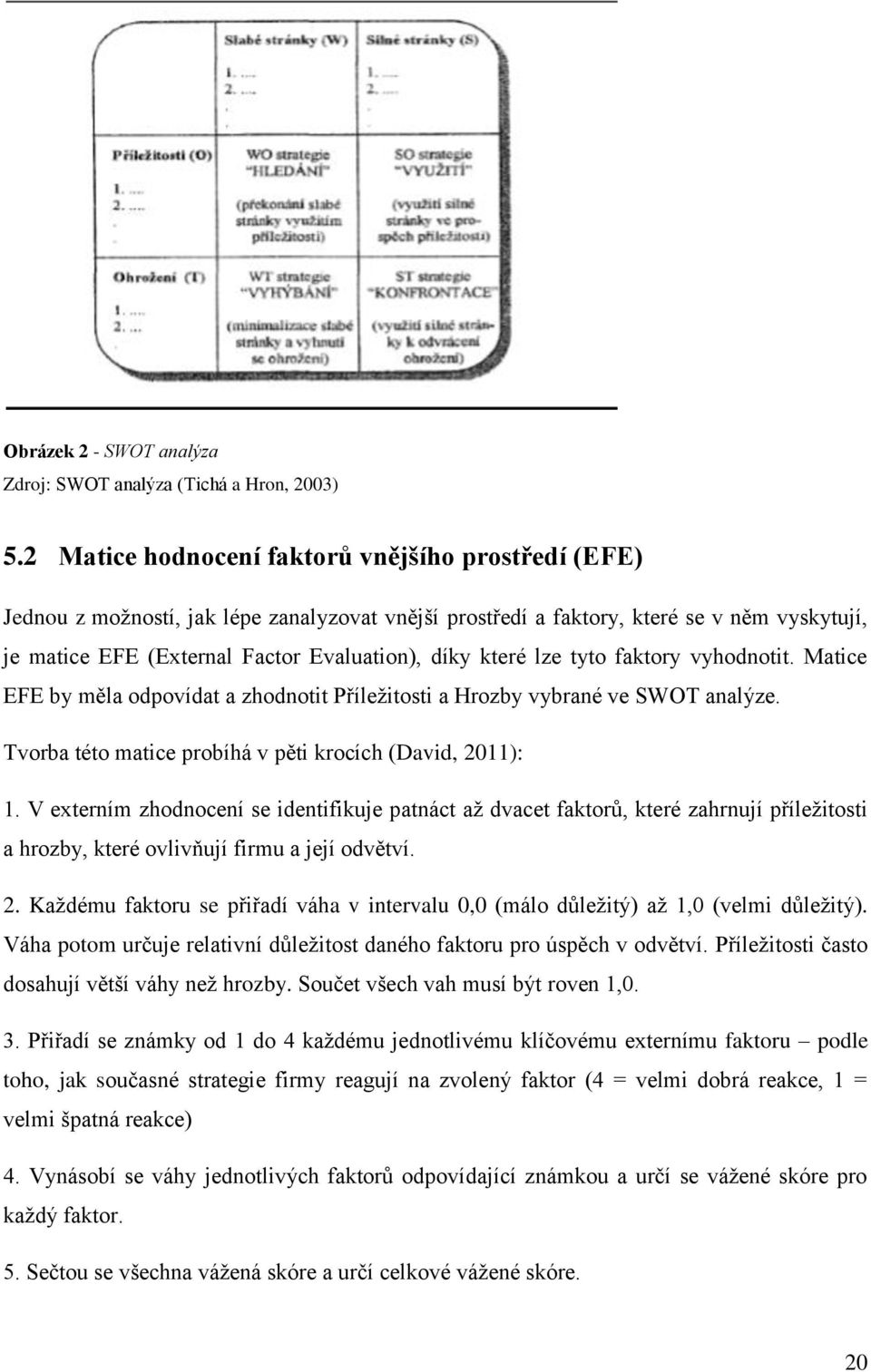 které lze tyto faktory vyhodnotit. Matice EFE by měla odpovídat a zhodnotit Příležitosti a Hrozby vybrané ve SWOT analýze. Tvorba této matice probíhá v pěti krocích (David, 2011): 1.