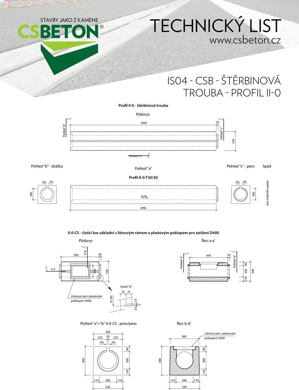 Detail "a" R 19 II-0-C0 - čistící kus základní s litinovým rámem a plastovým poklopem pro zatížení D400 Řez: II-0-C0 Detail "b" 2 2