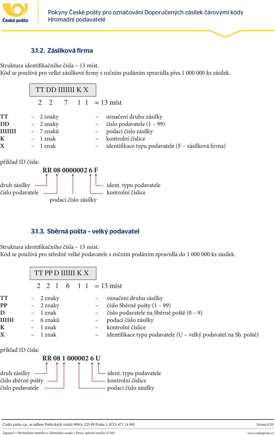 podavatele (F zásilková firma) příklad ID čísla: druh zásilky číslo podavatele RR 08 0000002 6 F podací číslo zásilky ident. typu podavatele kontrolní číslice 3.