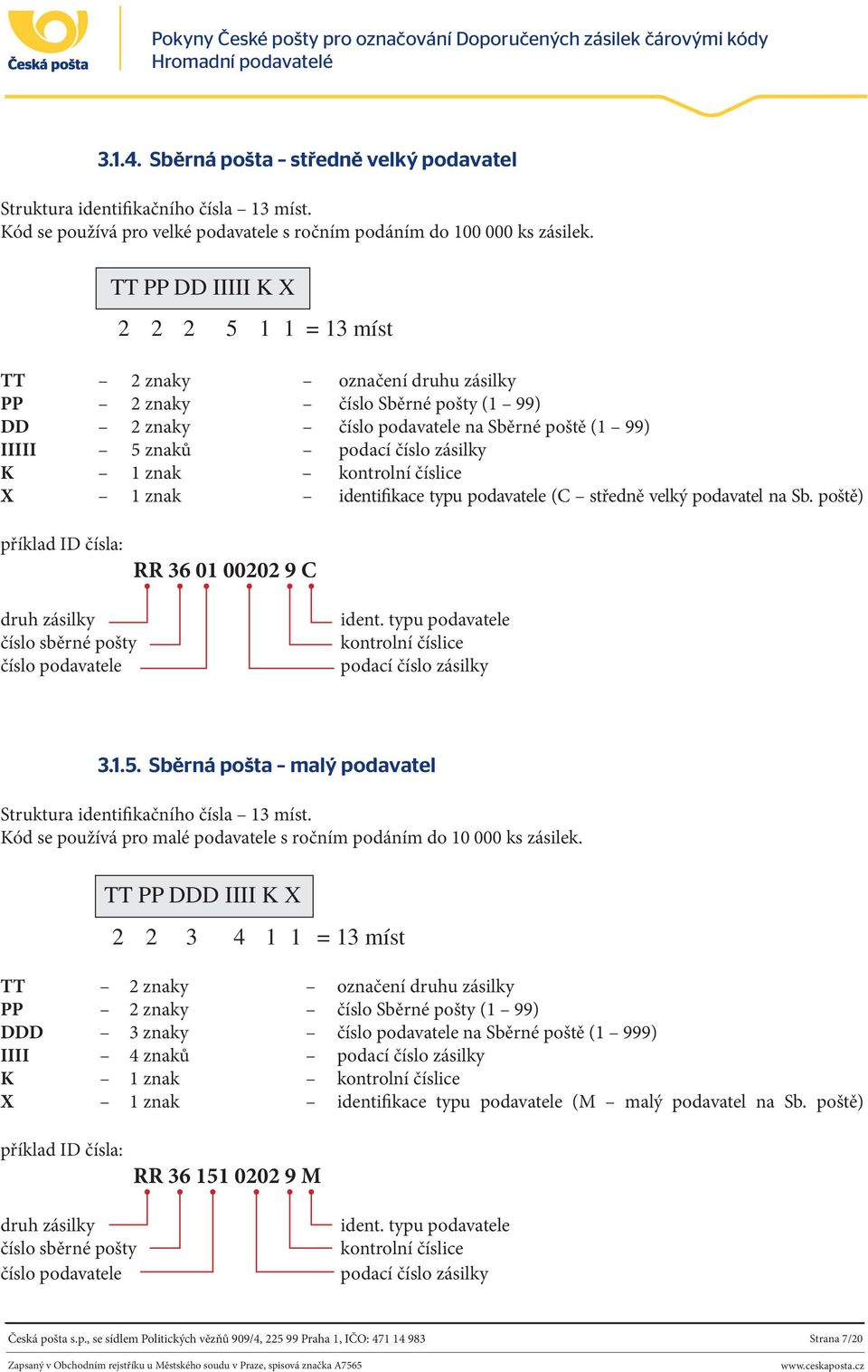 1 znak kontrolní číslice X 1 znak identifikace typu podavatele (C středně velký podavatel na Sb. poště) příklad ID čísla: RR 36 01 00202 9 C druh zásilky číslo sběrné pošty číslo podavatele ident.