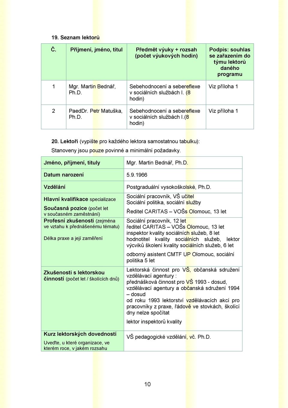 Lektoři (vypište pro každého lektora samostatnou tabulku): Stanoveny jsou pouze povinné a minimální požadavky. Jméno, příjmení, tituly Mgr. Martin Bednář, Ph.D. Datum narození 5.9.