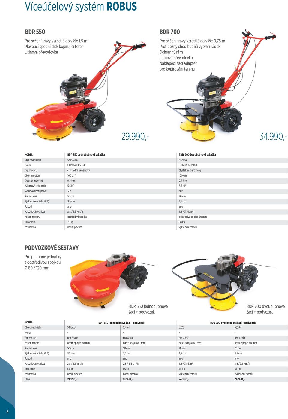 990,- MODEL BDR 550 Jednobubnová sekačka BDR 700 Dvoububnová sekačka Objednací číslo 5315AU 4 5321A4 Motor HONDA GCV 160 HONDA GCV 160 Typ motoru čtyřtaktní benzinový čtyřtaktní benzinový Objem