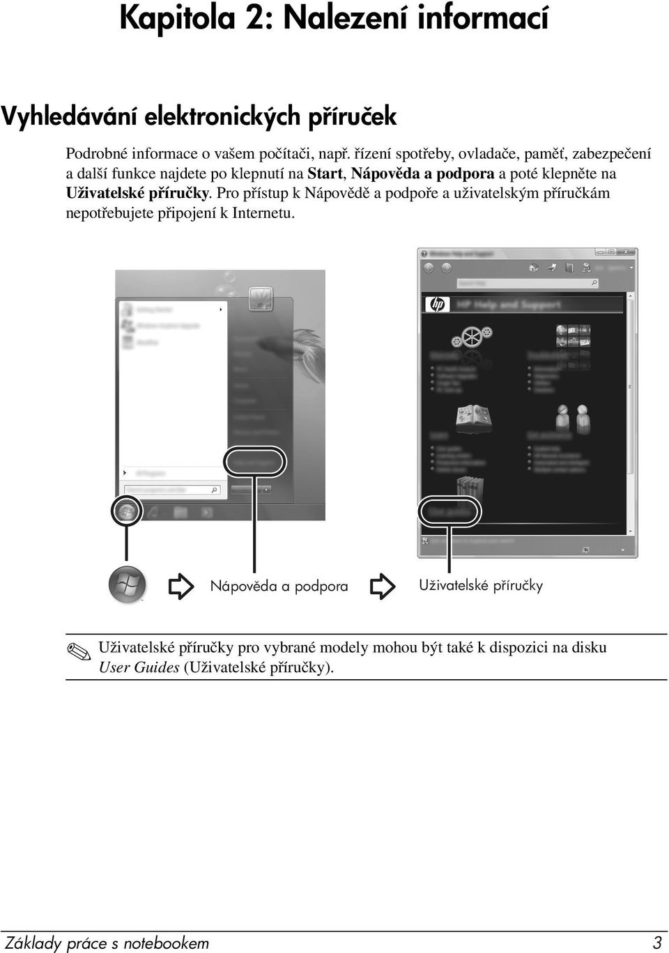 Uživatelské příručky. Pro přístup k Nápovědě a podpoře a uživatelským příručkám nepotřebujete připojení k Internetu.