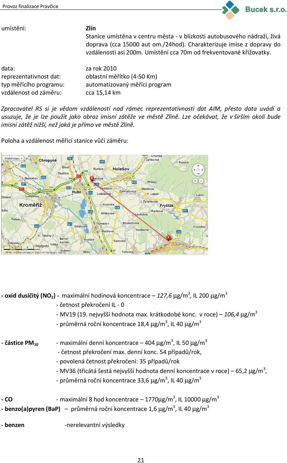 data: za rok 2010 reprezentativnost dat: oblastní měřítko (4-50 Km) typ měřícího programu: automatizovaný měřící program vzdálenost od záměru: cca 15,14 km Zpracovatel RS si je vědom vzdálenosti nad