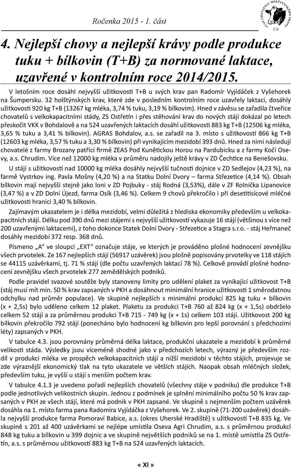 32 holštýnských krav, které zde v posledním kontrolním roce uzavřely laktaci, dosáhly užitkovos 920 kg T+B (13267 kg mléka, 3,74 % tuku, 3,19 % bílkovim).