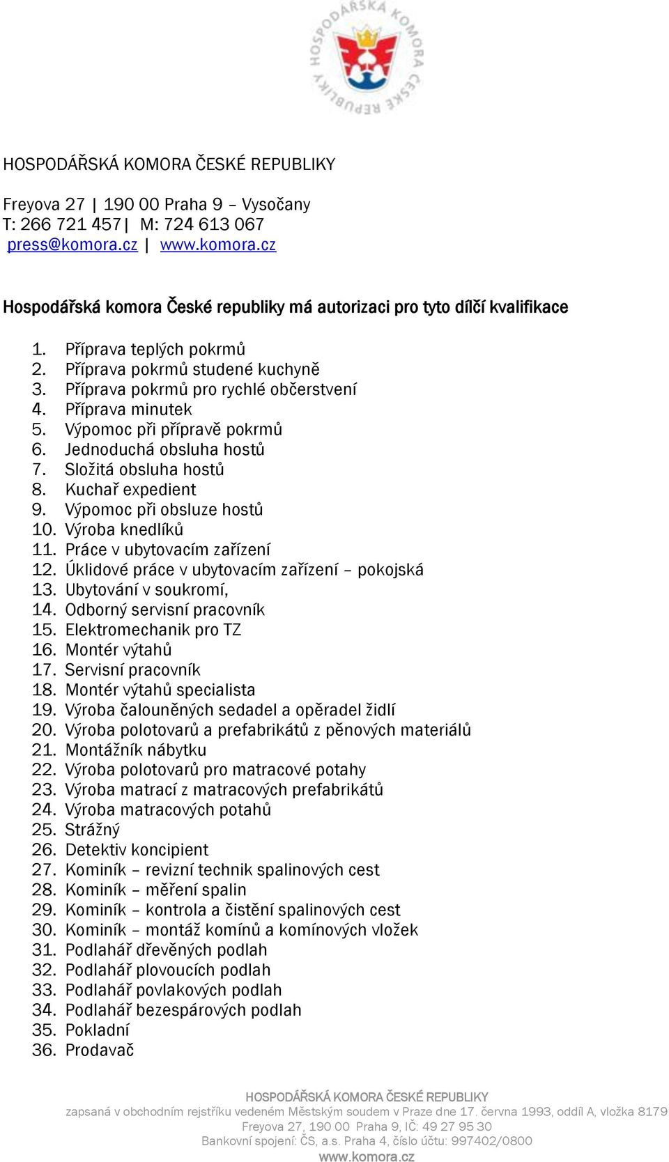 Výpomoc při obsluze hostů 10. Výroba knedlíků 11. Práce v ubytovacím zařízení 12. Úklidové práce v ubytovacím zařízení pokojská 13. Ubytování v soukromí, 14. Odborný servisní pracovník 15.