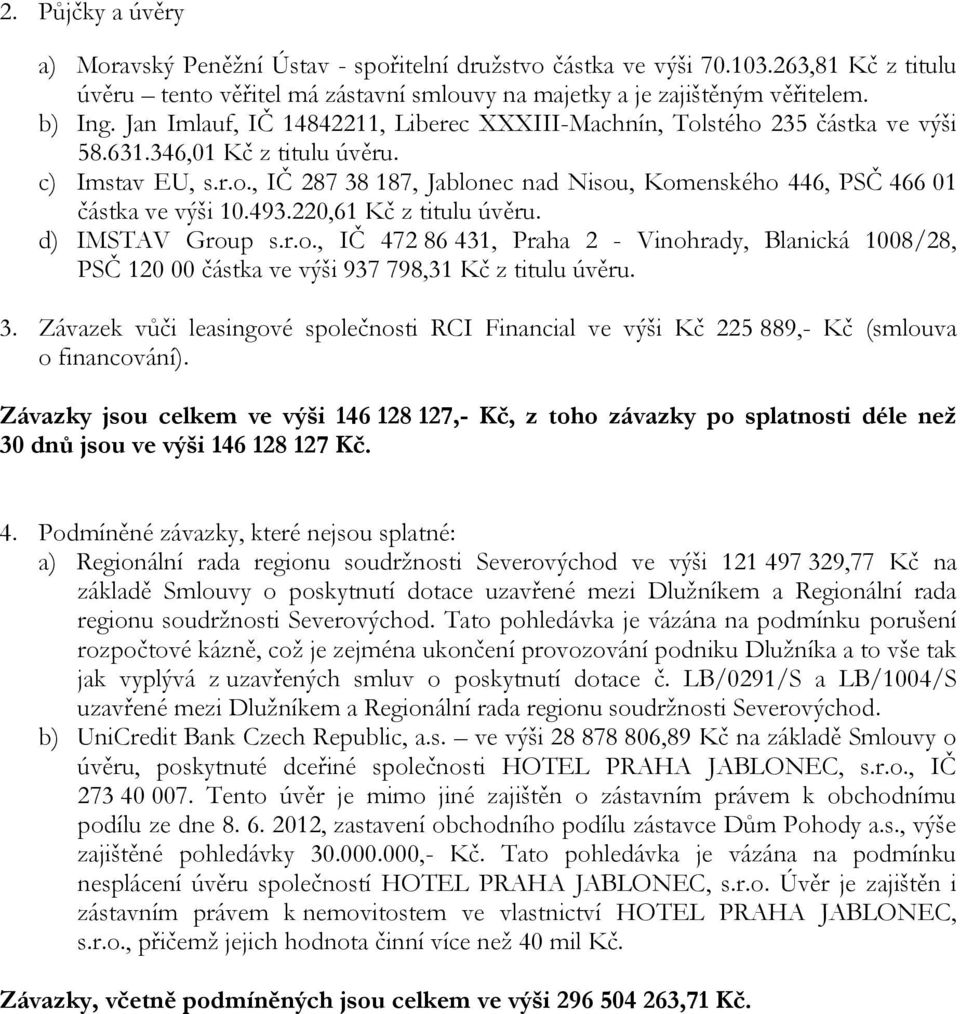 493.220,61 Kč z titulu úvěru. d) IMSTAV Group s.r.o., IČ 472 86 431, Praha 2 - Vinohrady, Blanická 1008/28, PSČ 120 00 částka ve výši 937 798,31 Kč z titulu úvěru. 3.