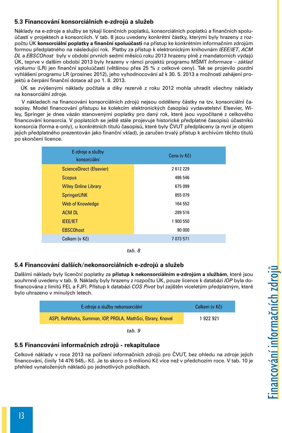 Platby za přístup k elektronickým knihovnám IEEE/IET, ACM DL a EBSCOhost byly v období prvních sedmi měsíců roku 2013 hrazeny plně z mandatorních výdajů ÚK, teprve v dalším období 2013 byly hrazeny v