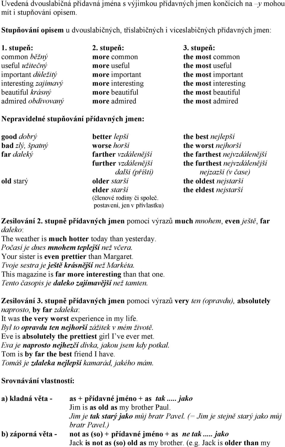 stupeň: more common more useful more important more interesting more beautiful more admired stupeň: the most common the most useful the most important the most interesting the most beautiful the most