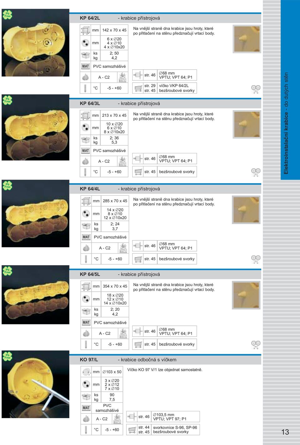 68 VPTU; VPT 64; P1 Elektroinstalační krabice - do dutých stěn KP 64/4L 285 x 70 x 45 14 x 20 8 x 10 12 x 10x20 2; 24 3,7 Na vnější straně dna krabice jsou hroty, které po přitlačení na stěnu