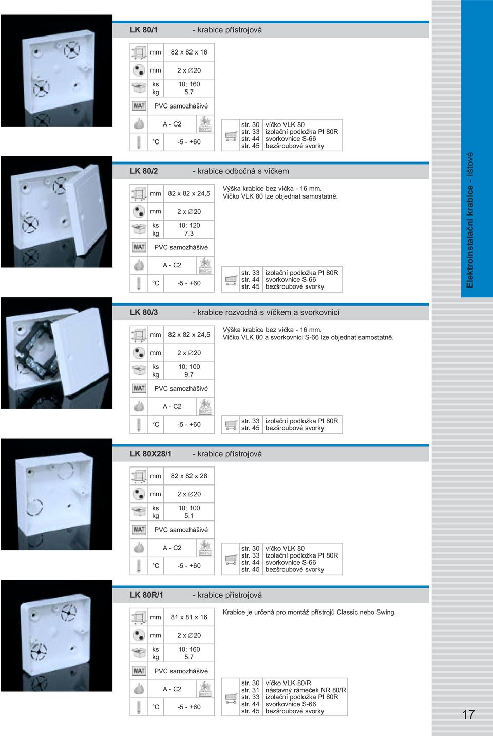 33 izolační podložka PI 80R Elektroinstalační krabice - lištové LK 80/3 - krabice rozvodná s víčkem a svorkovnicí 82 x 82 x 24,5 Výška krabice bez víčka - 16.