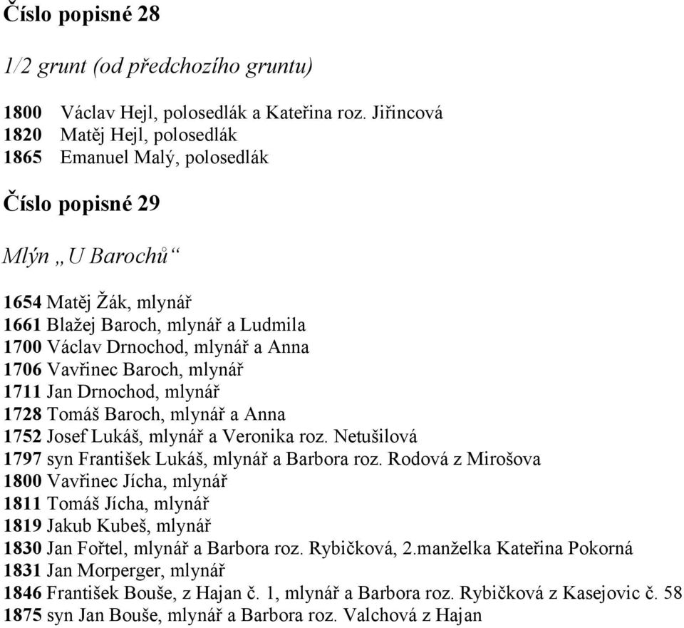 Vavřinec Baroch, mlynář 1711 Jan Drnochod, mlynář 1728 Tomáš Baroch, mlynář a Anna 1752 Josef Lukáš, mlynář a Veronika roz. Netušilová 1797 syn František Lukáš, mlynář a Barbora roz.