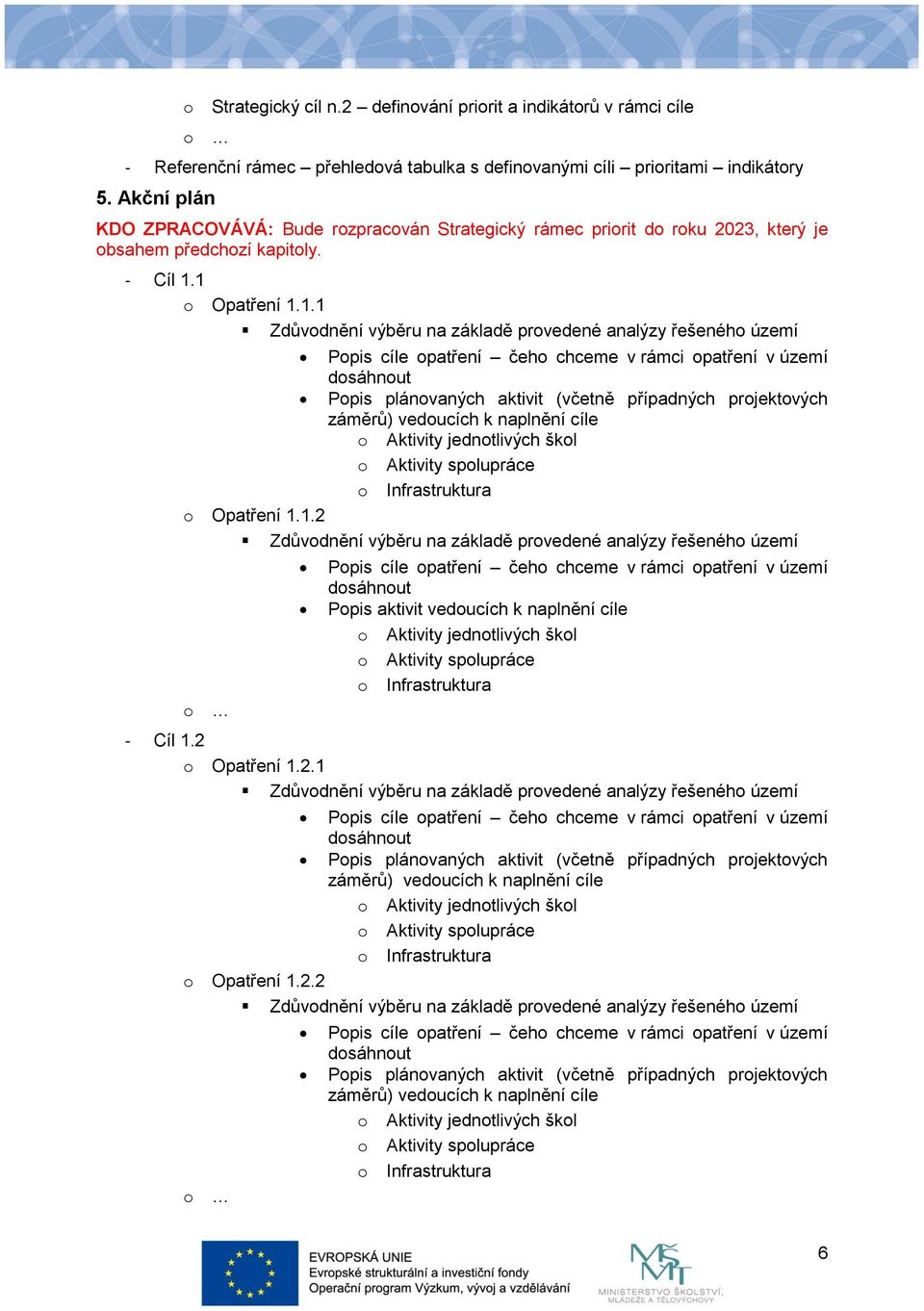 1 o Opatření 1.1.1 Zdůvodnění výběru na základě provedené analýzy řešeného území Popis cíle opatření čeho chceme v rámci opatření v území dosáhnout Popis plánovaných aktivit (včetně případných