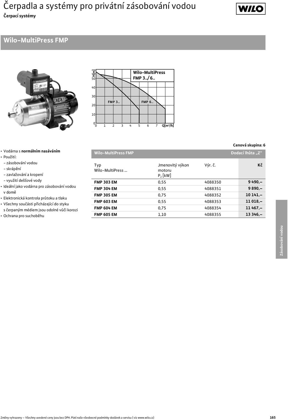 kontrola pr toku a tlaku Všechny sou ásti p icházející do styku s erpaným médiem jsou odolné v i korozi Ochrana pro suchob hu Wilo-MultiPress FMP Wilo-MultiPress Jmenovitý výkon Cenová skupina: 6 FMP