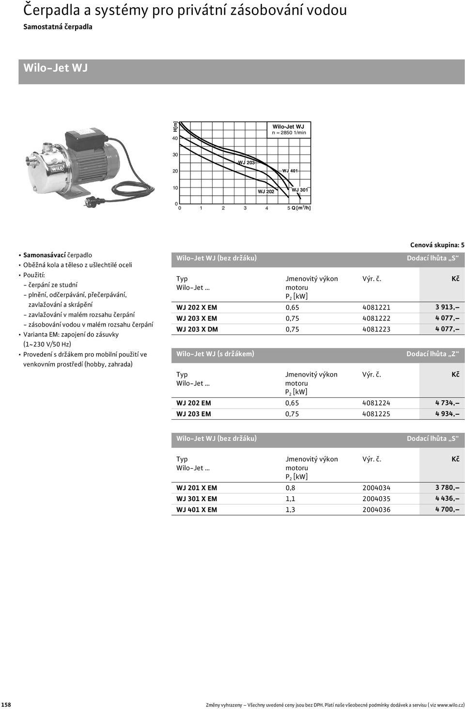 Varianta EM: zapojení do zásuvky (1~230 V/50 Hz) Provedení s držákem pro mobilní použití ve venkovním prost edí (hobby, zahrada) Wilo-Jet WJ (bez držáku) Wilo-Jet Jmenovitý výkon Cenová skupina: 5